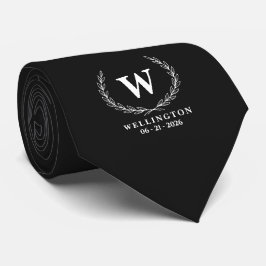 Klassiek zwart-wit laurier monogram trouwdatum stropdas