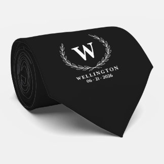 Klassiek zwart-wit laurier monogram trouwdatum stropdas
