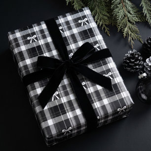 Klassiek zwart-wit lint Kerstmis tartan plaid Cadeaupapier