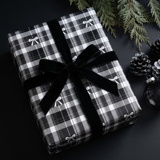 Klassiek zwart-wit lint Kerstmis tartan plaid Cadeaupapier