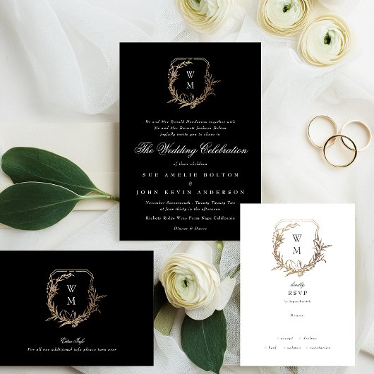 Klassiek zwart wit monogram bruiloft gouden kuif kaart