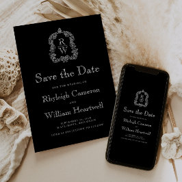 Klassiek zwart-wit Monogram Crest Script Save The Date