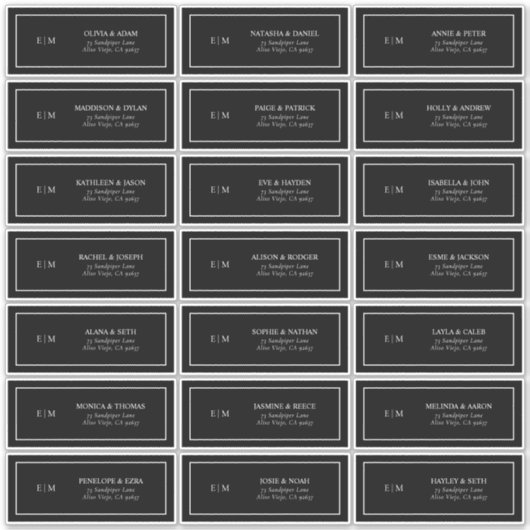 Klassiek zwart-wit monogram gastadres sticker (Voorkant)