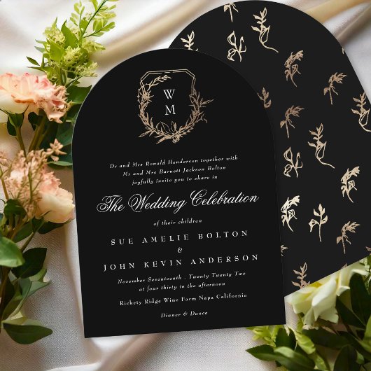 klassiek zwart wit monogram gouden rand boog kaart