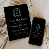 Klassiek zwart-wit monogram kampscript save the date