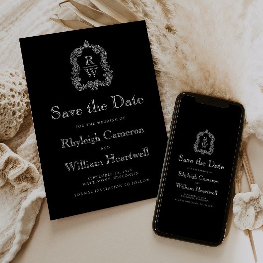 Klassiek zwart-wit monogram kampscript save the date