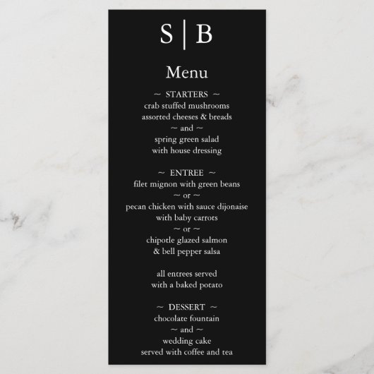 Klassiek zwart-wit monogram trouwfeest menu (Voorkant)