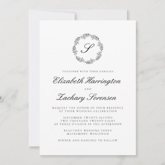 Klassiek zwart-wit monogram Wreatscript Kaart (Voorkant)