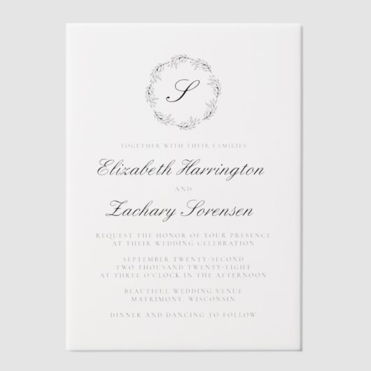 Klassiek zwart-wit monogram Wreatscript Vellum Uitnodigingen (Voorkant)