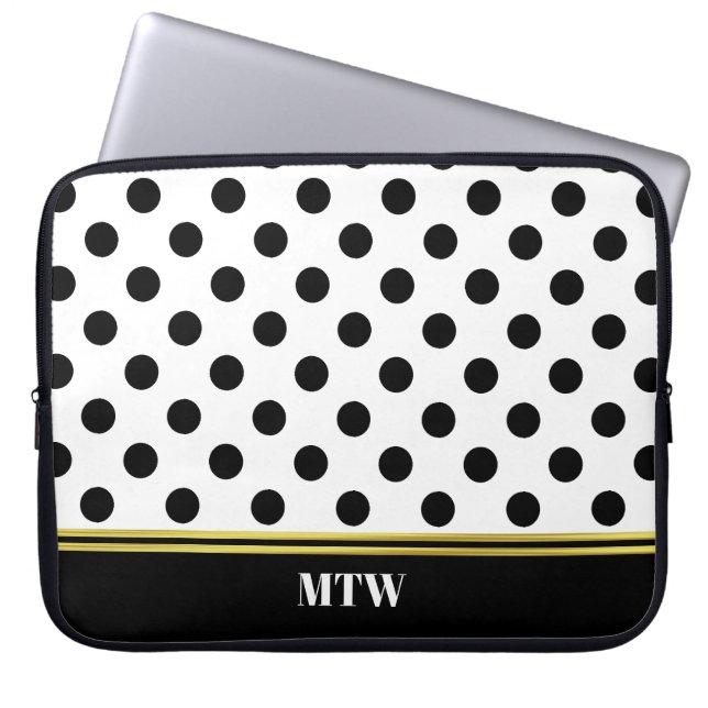 Klassiek zwart-wit puntpatroon en monogram laptop sleeve (Voorkant)