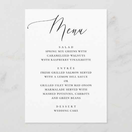 Klassiek zwart-wit schoon script bruiloft diner menu (Voorkant)