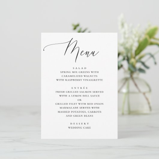 Klassiek zwart-wit schoon script bruiloftsdiner menu (Staand voorkant)