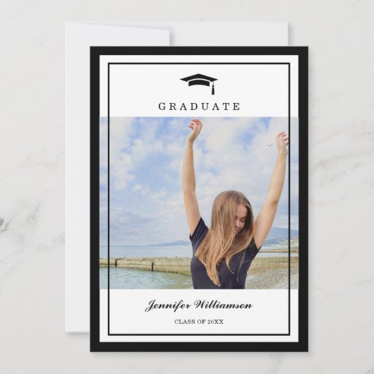 Klassiek zwart-wit script twee foto Afstuderen Aankondiging (Voorkant)