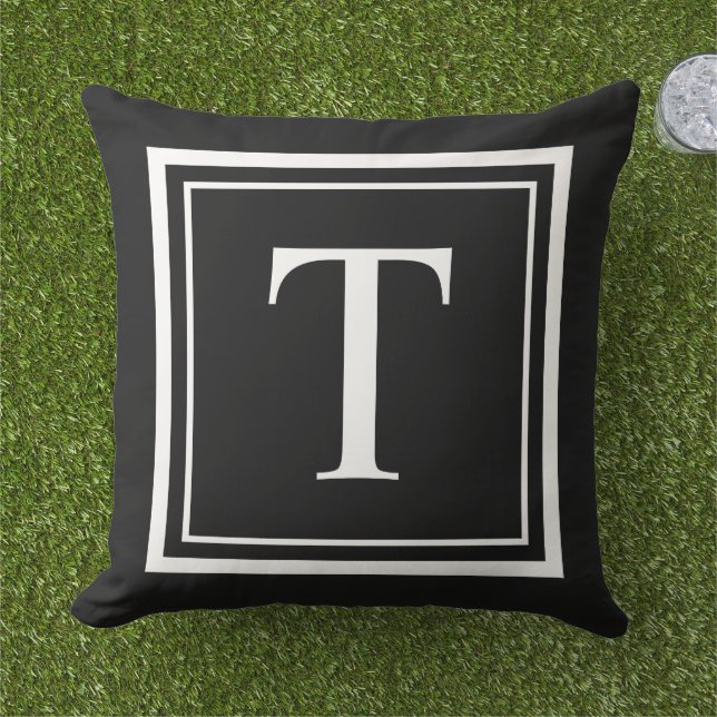 Klassiek zwart-wit vierkant frame monogram buitenkussen (Gras)