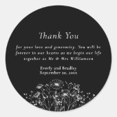 Klassiek zwart wit Wildflower bruiloft dank u Ronde Sticker (Voorkant)