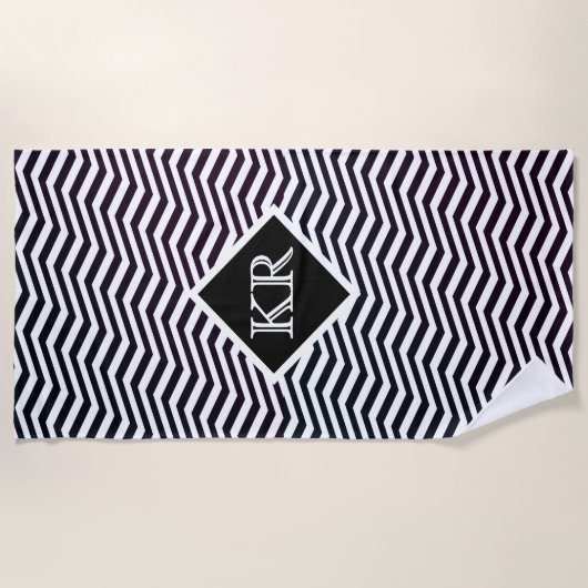 Klassiek zwart wit Zig Zag Chevron Monogram Strandlaken (Voorkant)