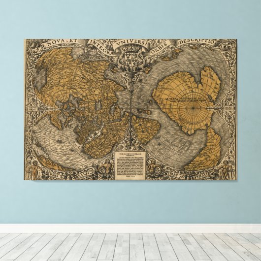Klassieke 1531 Antiek Wereldkaart door Oronce Fine Canvas Afdruk (Insitu (Houten vloer))