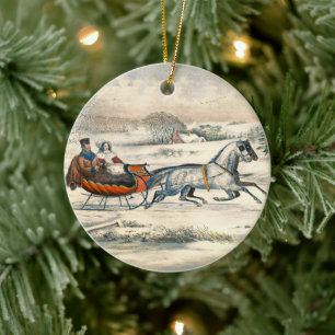 Klassieke 1853 slee-rit Currier Ives weg winter Keramisch Ornament