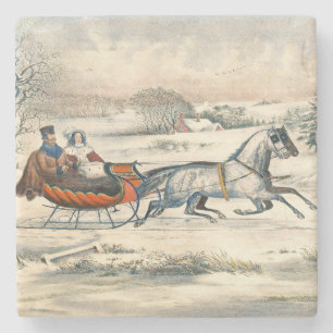 Klassieke 1853 slee-rit Currier Ives weg winter Stenen Onderzetter