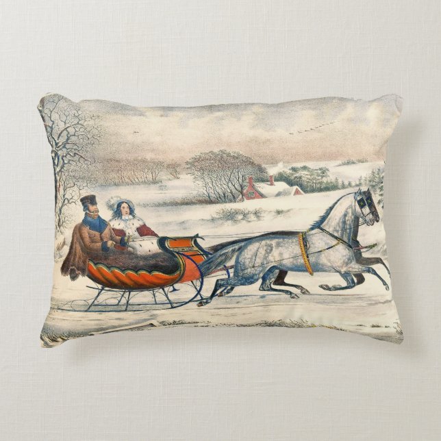 Klassieke 1853 slee-rit Currier Ives winterlandsch Accent Kussen (Voorkant)