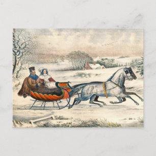 Klassieke 1853 slee-rit Currier Ives winterlandsch Briefkaart
