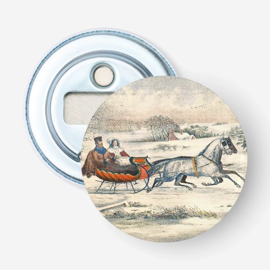 Klassieke 1853 slee-rit Currier Ives winterlandsch Button Flesopener (Voorkant)