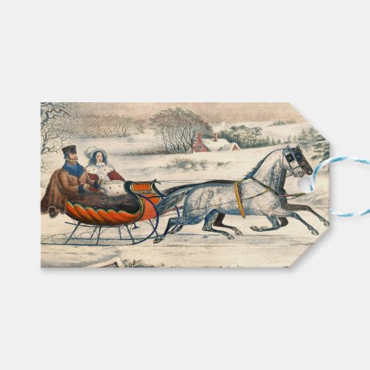 Klassieke 1853 slee-rit Currier Ives winterlandsch Cadeaulabel (Voorkant (Horizontaal))