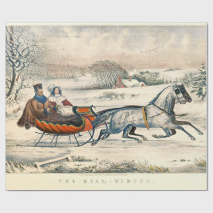Klassieke 1853 slee-rit Currier Ives winterlandsch Cadeaupapier