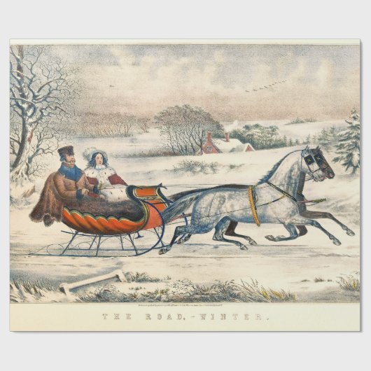 Klassieke 1853 slee-rit Currier Ives winterlandsch Cadeaupapier (Vlak)