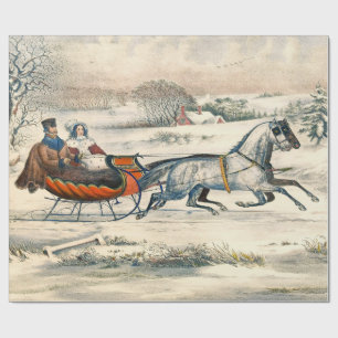 Klassieke 1853 slee-rit Currier Ives winterlandsch Cadeaupapier