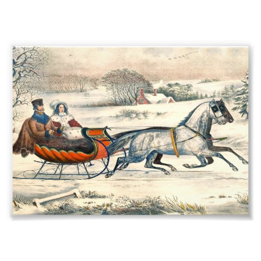 Klassieke 1853 slee-rit Currier Ives winterlandsch Foto Afdruk (Voorkant)