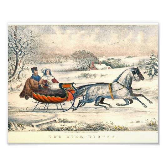 Klassieke 1853 slee-rit Currier Ives winterlandsch Foto Afdruk (Voorkant)