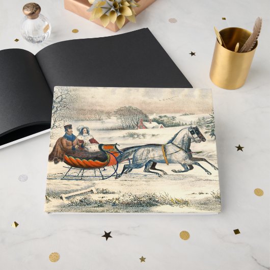Klassieke 1853 slee-rit Currier Ives winterlandsch Gastenboek (Voorkant open)