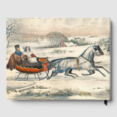 Klassieke 1853 slee-rit Currier Ives winterlandsch Gastenboek (Achterkant)