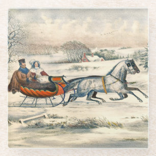 Klassieke 1853 slee-rit Currier Ives winterlandsch Glazen Onderzetter