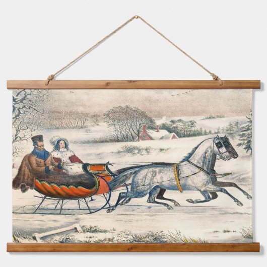 Klassieke 1853 slee-rit Currier Ives winterlandsch Hangend Wandkleed (Voorkant)