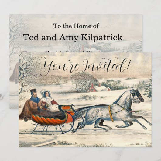 Klassieke 1853 slee-rit Currier Ives winterlandsch Kaart (Voorkant / Achterkant)