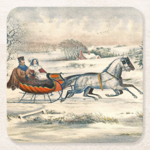 Klassieke 1853 slee-rit Currier Ives winterlandsch Kartonnen Onderzetters