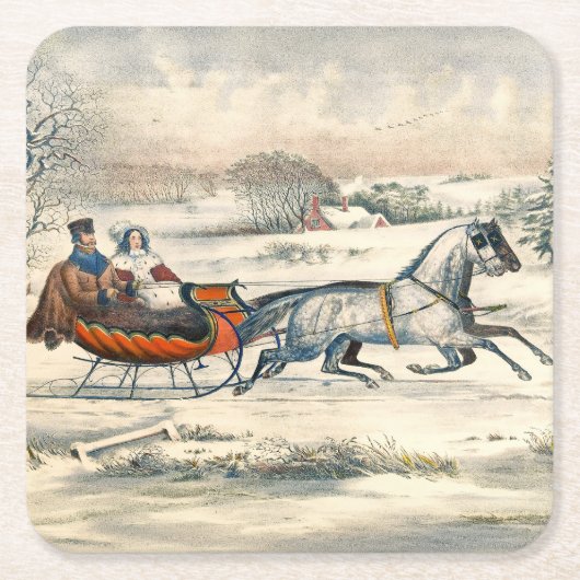 Klassieke 1853 slee-rit Currier Ives winterlandsch Kartonnen Onderzetters (Voorkant)
