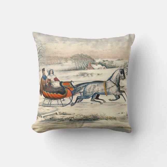 Klassieke 1853 slee-rit Currier Ives winterlandsch Kussen (Voorkant)