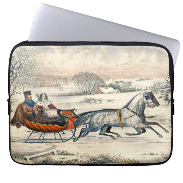 Klassieke 1853 slee-rit Currier Ives winterlandsch Laptop Sleeve (Voorkant)