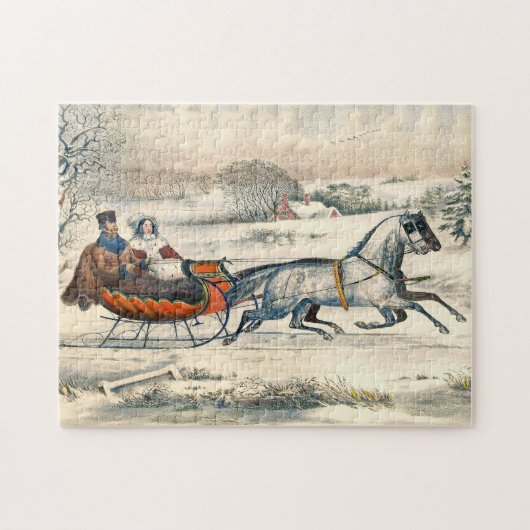 Klassieke 1853 slee-rit Currier Ives winterlandsch Legpuzzel (Horizontaal)