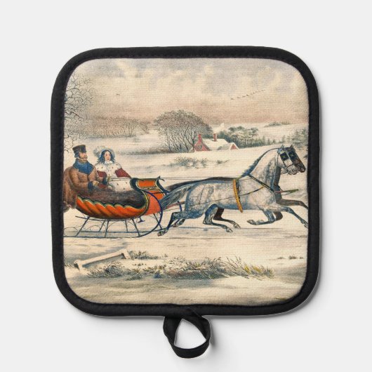 Klassieke 1853 slee-rit Currier Ives winterlandsch Pannenlap (Voorkant)