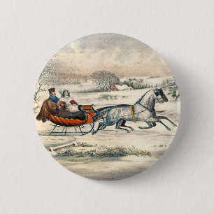 Klassieke 1853 slee-rit Currier Ives winterlandsch Ronde Button 5,7 Cm