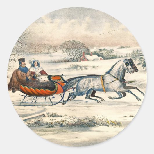 Klassieke 1853 slee-rit Currier Ives winterlandsch Ronde Sticker (Voorkant)