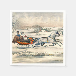 Klassieke 1853 slee-rit Currier Ives winterlandsch Servet