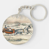 Klassieke 1853 slee-rit Currier Ives winterlandsch Sleutelhanger (Achterkant)