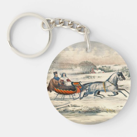 Klassieke 1853 slee-rit Currier Ives winterlandsch Sleutelhanger (Voorkant)