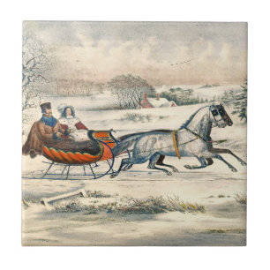 Klassieke 1853 slee-rit Currier Ives winterlandsch Tegeltje
