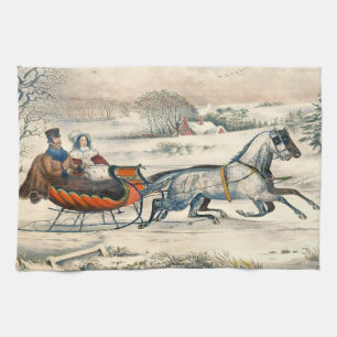Klassieke 1853 slee-rit Currier Ives winterlandsch Theedoek